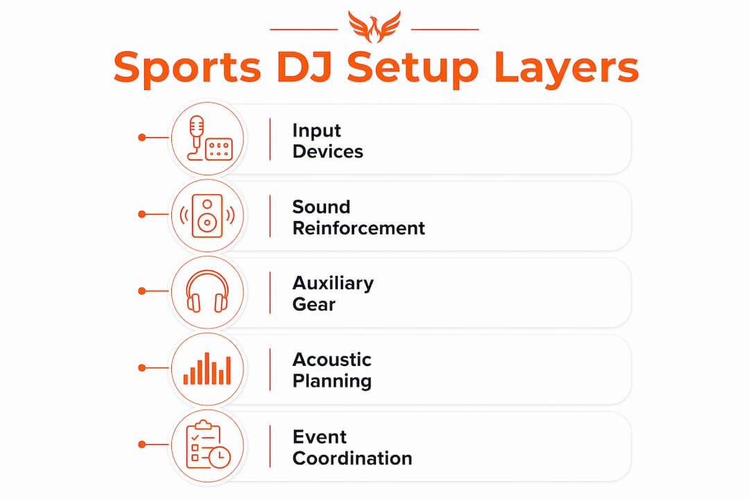Infographic outlining layers of sports event DJ equipment