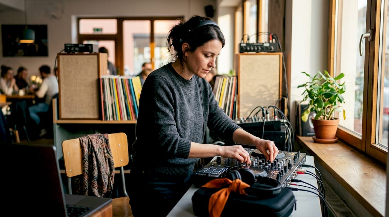 DJ adjusting audio mixer during wedding preparation