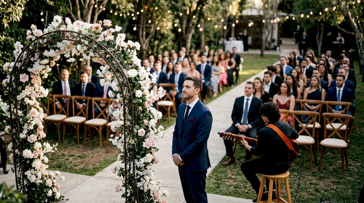 Groom near aisle with guitarist playing