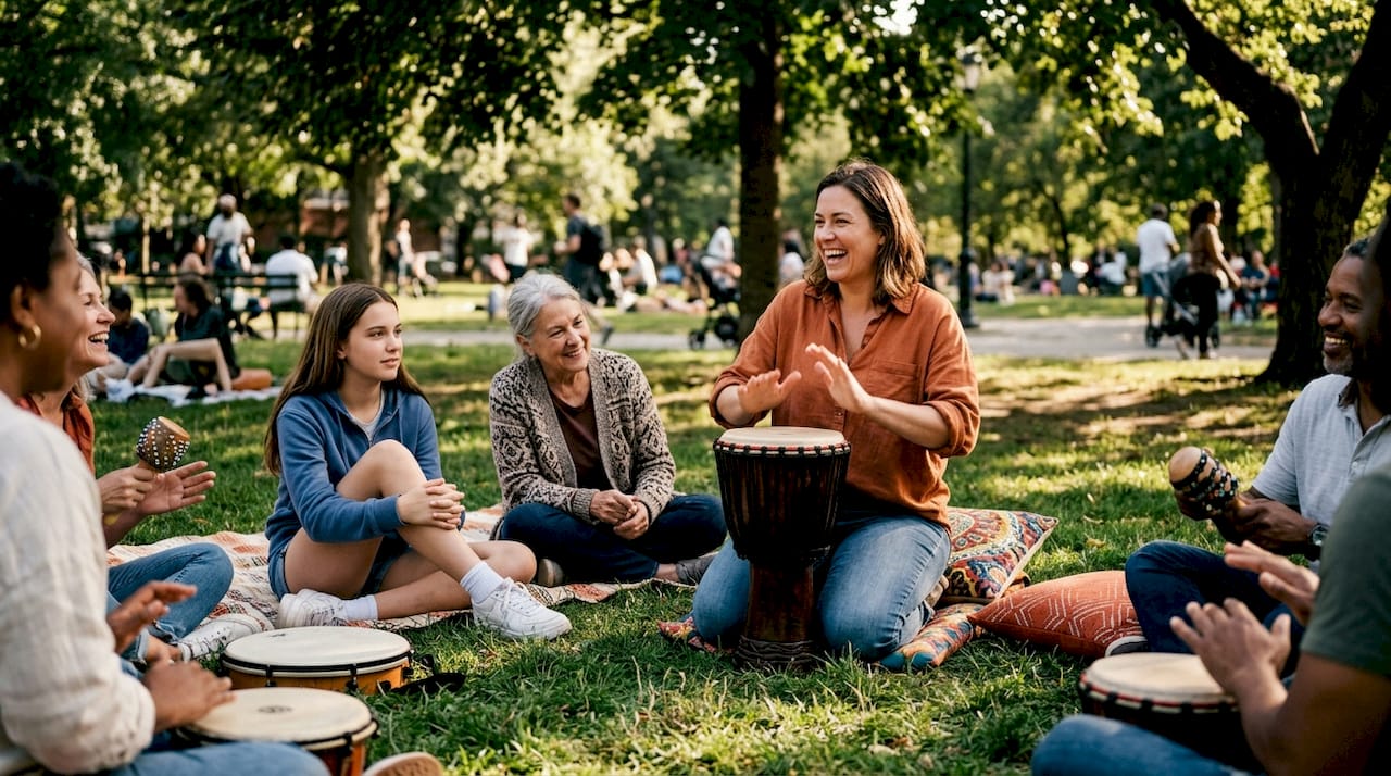 Woman playing hand drum in community circle