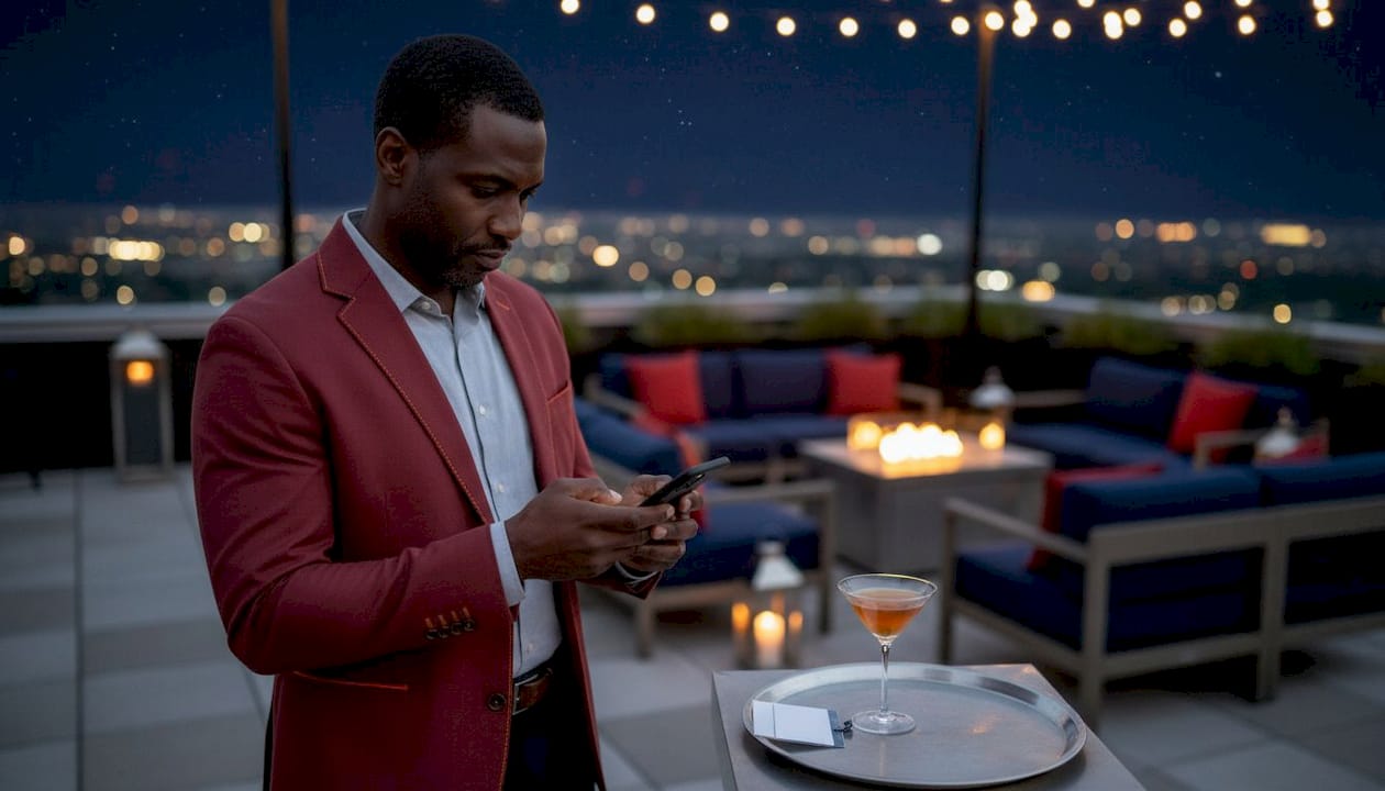 Man using smartphone app at corporate party