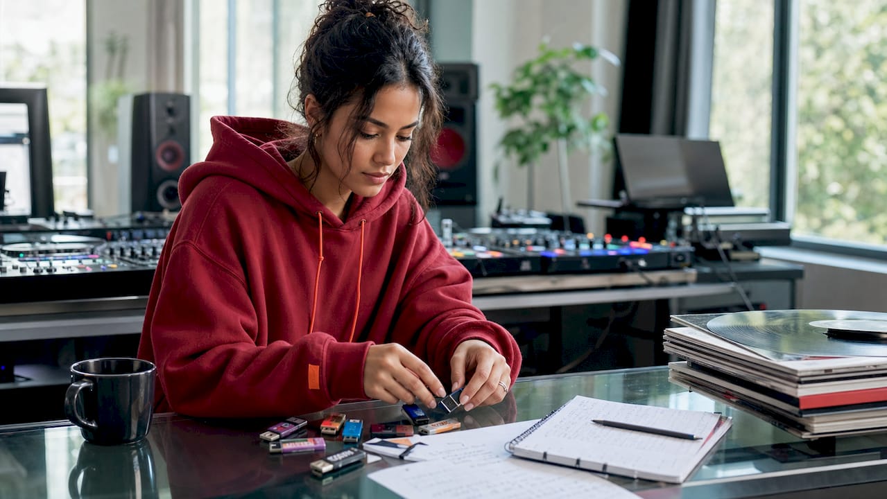 DJ organizing music USB drives in studio