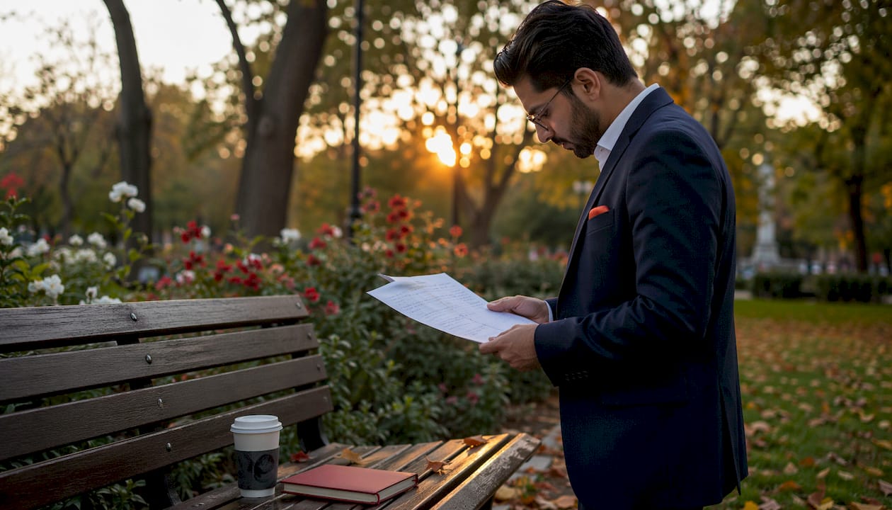 Wedding emcee reviewing timeline at café table