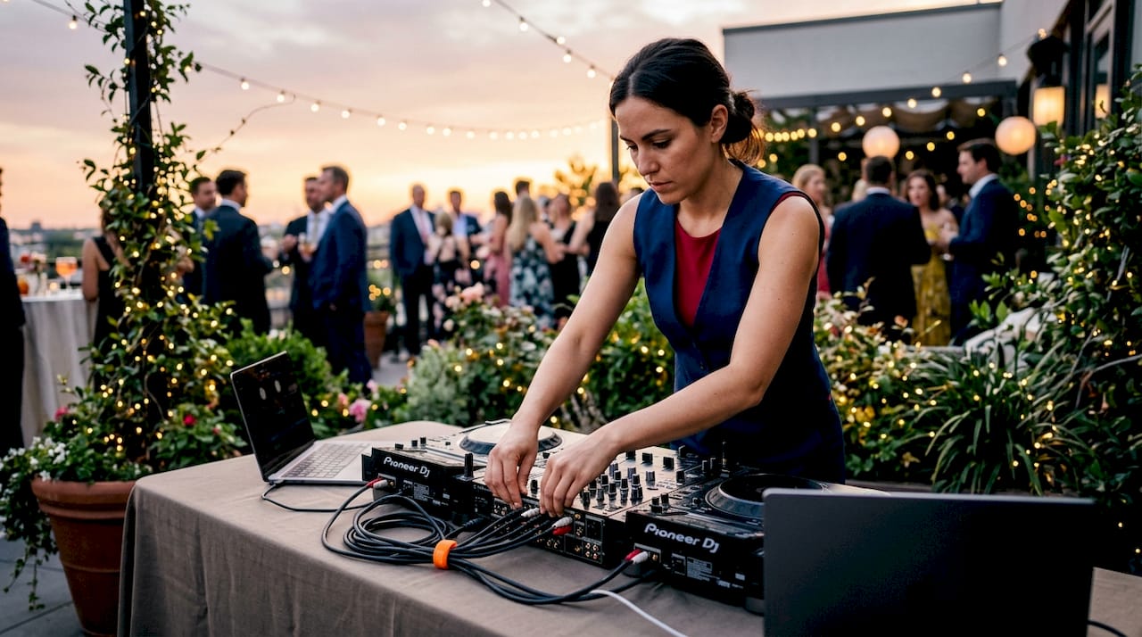 Female DJ setting up wedding audio equipment