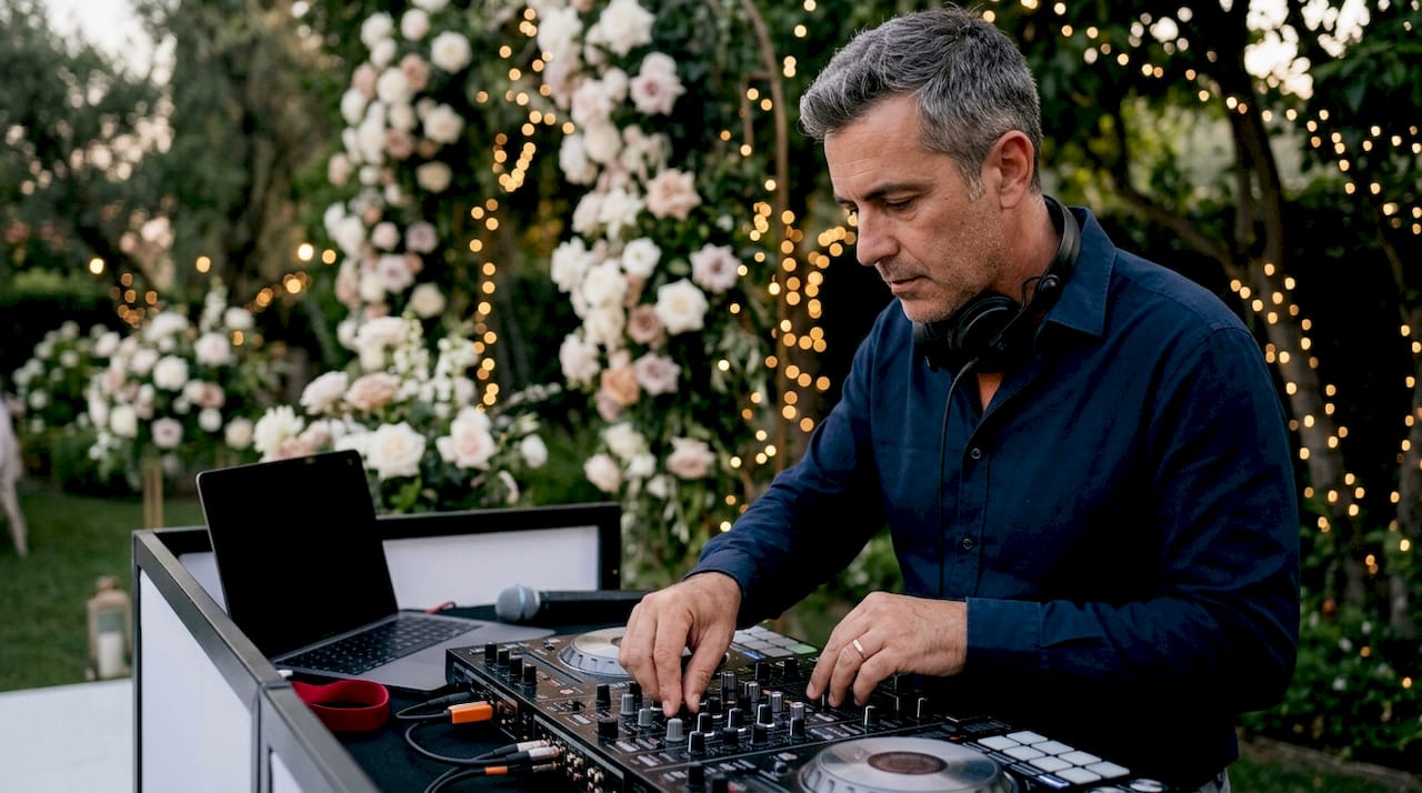 Traditional DJ adjusting equipment at event