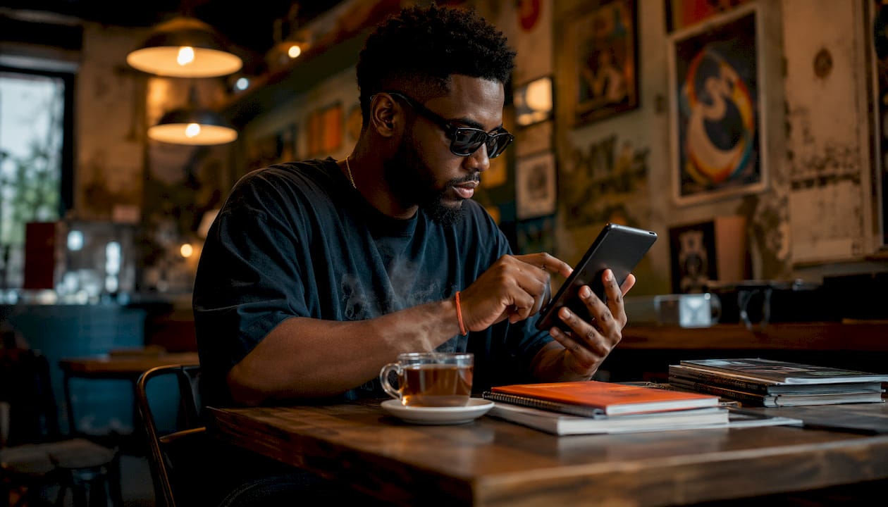 DJ curating multicultural playlist in studio