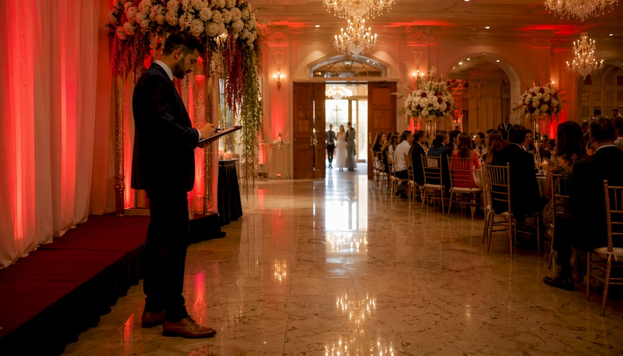 Wedding hall setup for grand bridal party entrance