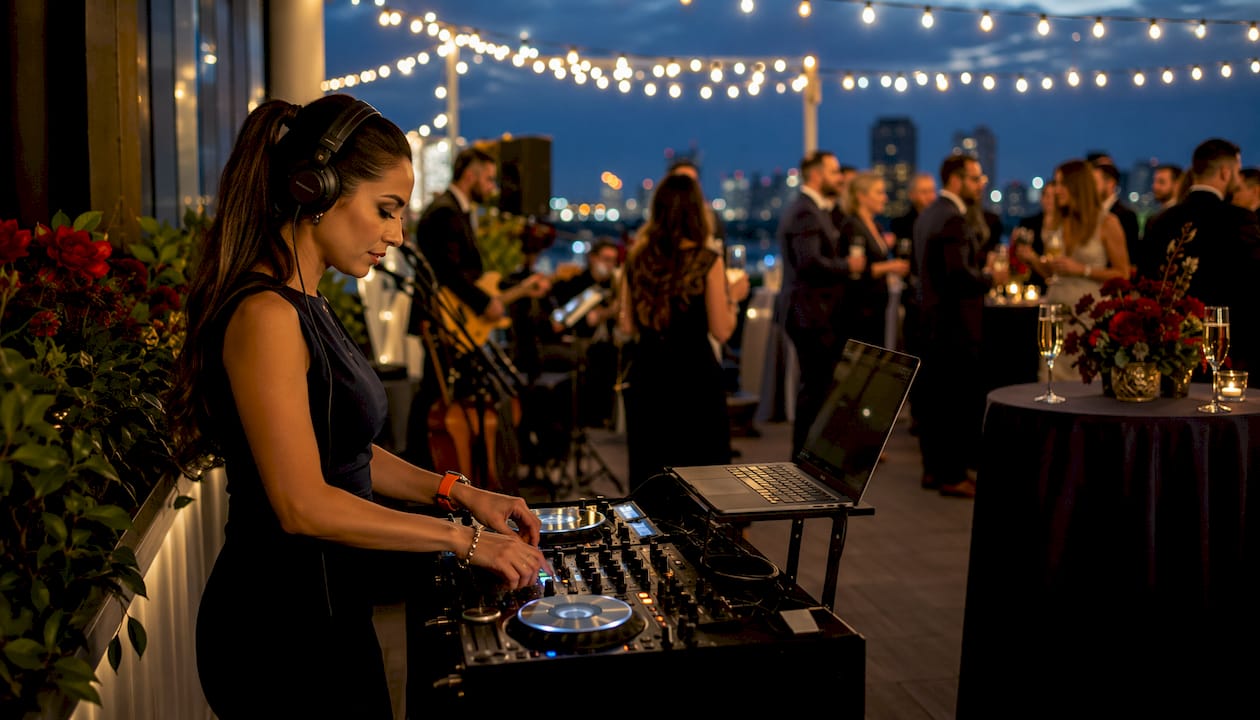 Wedding cocktail hour music setup and guests mingling