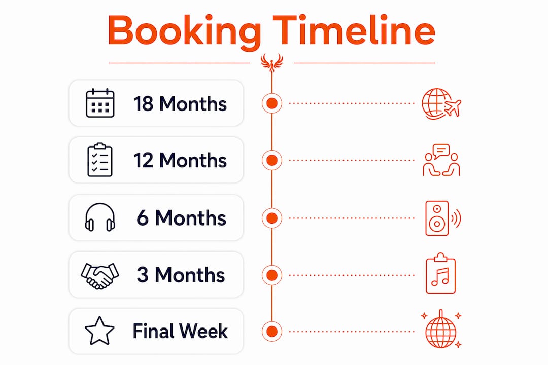 Infographic showing destination wedding entertainment booking timeline