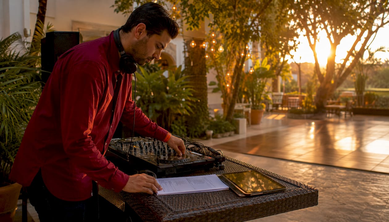 DJ preparing equipment in hotel ballroom