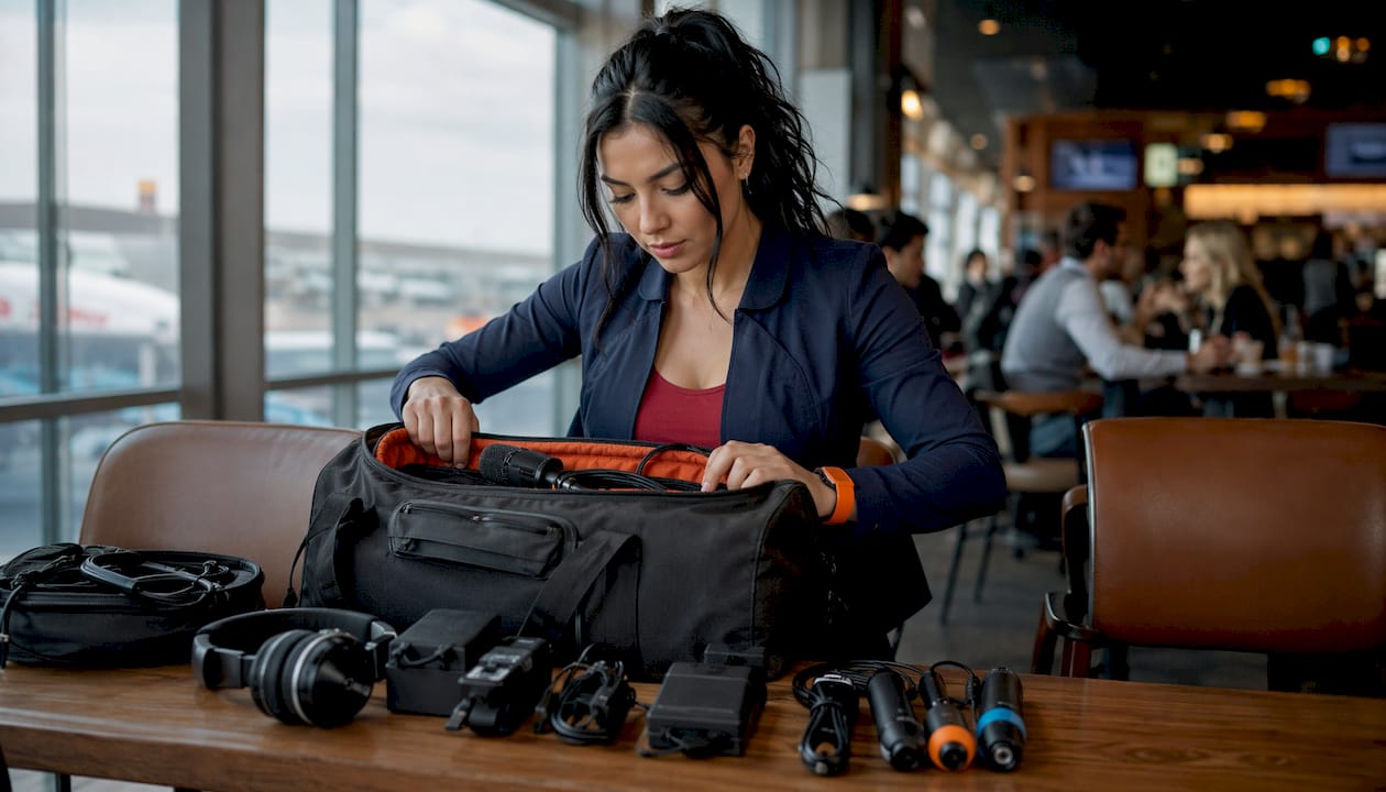 Destination wedding DJ packing equipment at airport