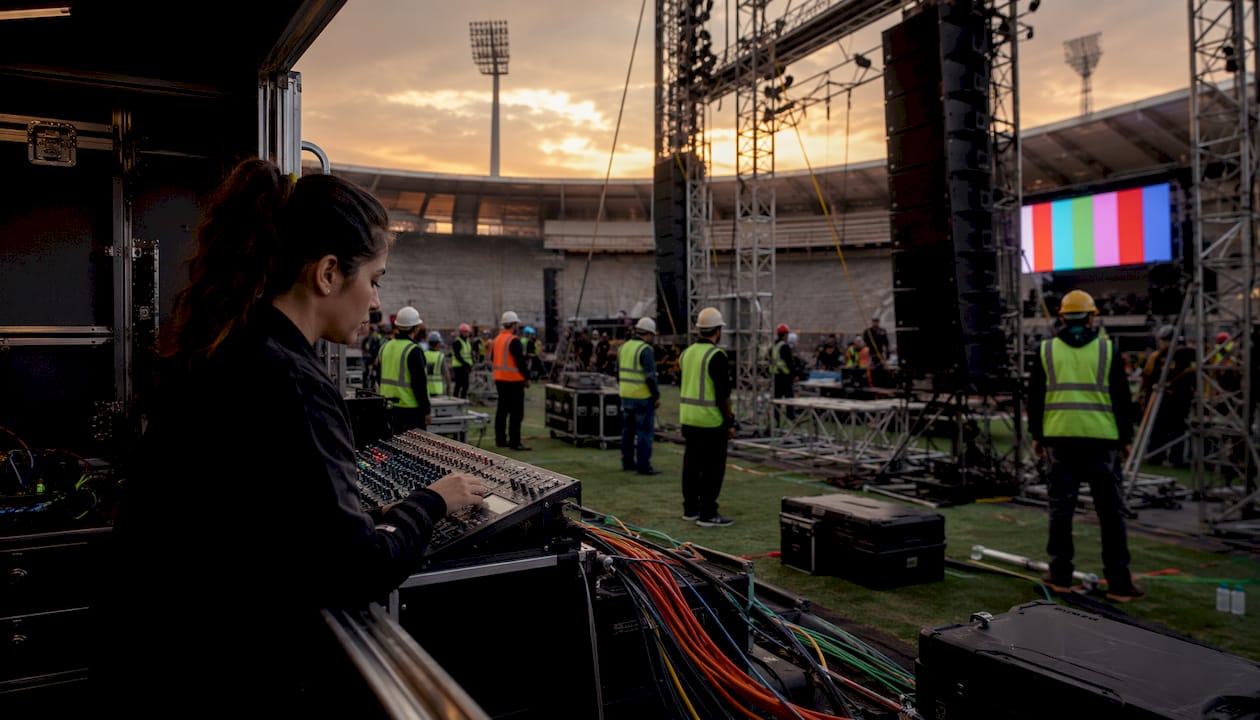 Stadium event production crew setting up stage