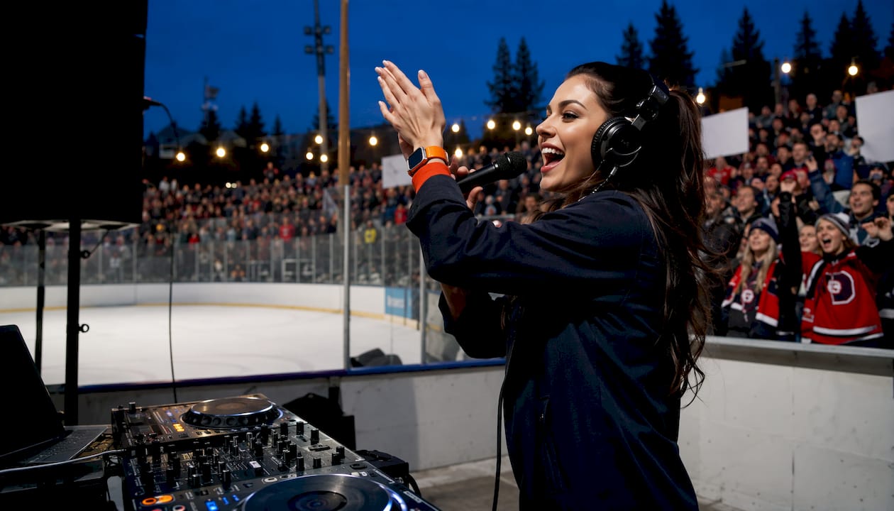 DJ interacting with hockey crowd at rink
