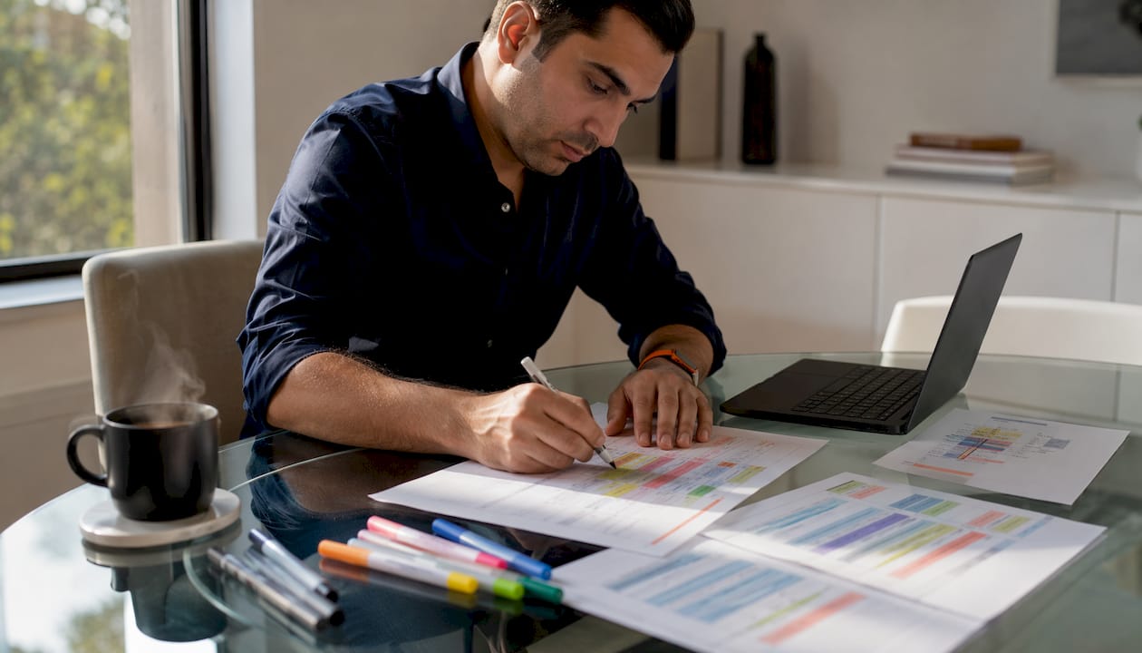 Event planner marking timeline with papers and coffee