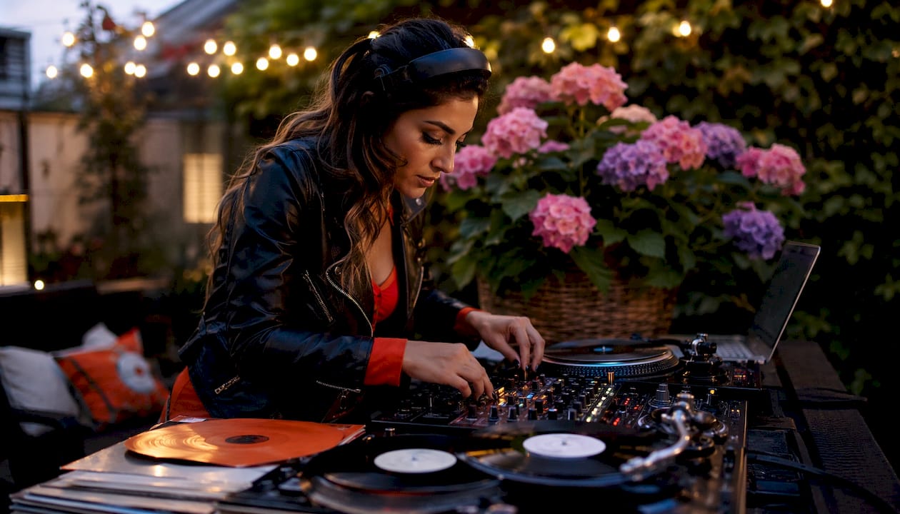 Female DJ mixing tracks on stage with equipment