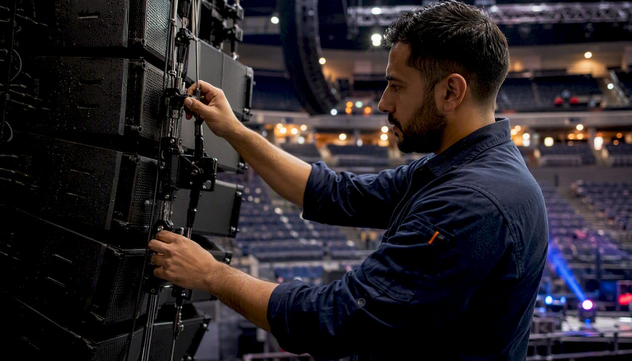 Technician fine-tuning stadium PA line array rigging