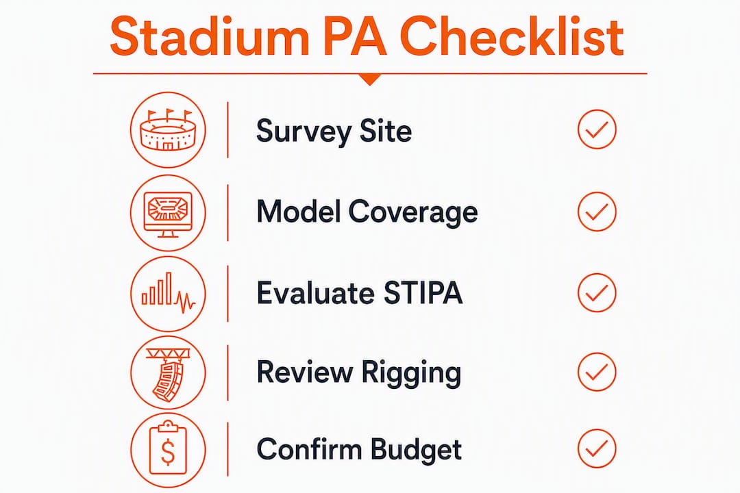 Infographic with checklist steps for stadium PA evaluation