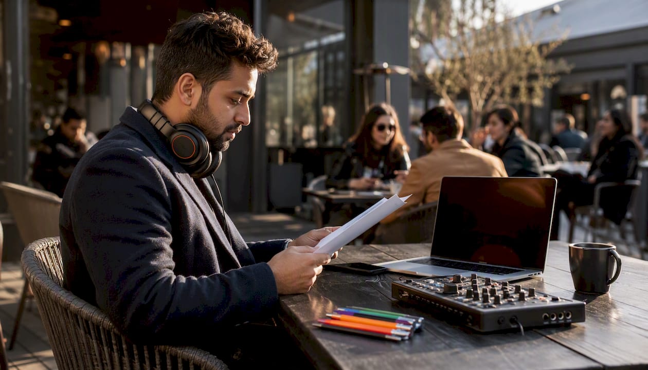 DJ reviewing multicultural music rights checklist