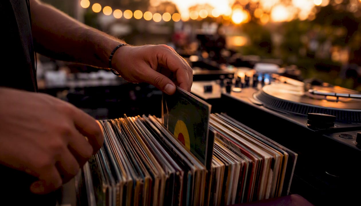 DJ hands picking reggae vinyl record