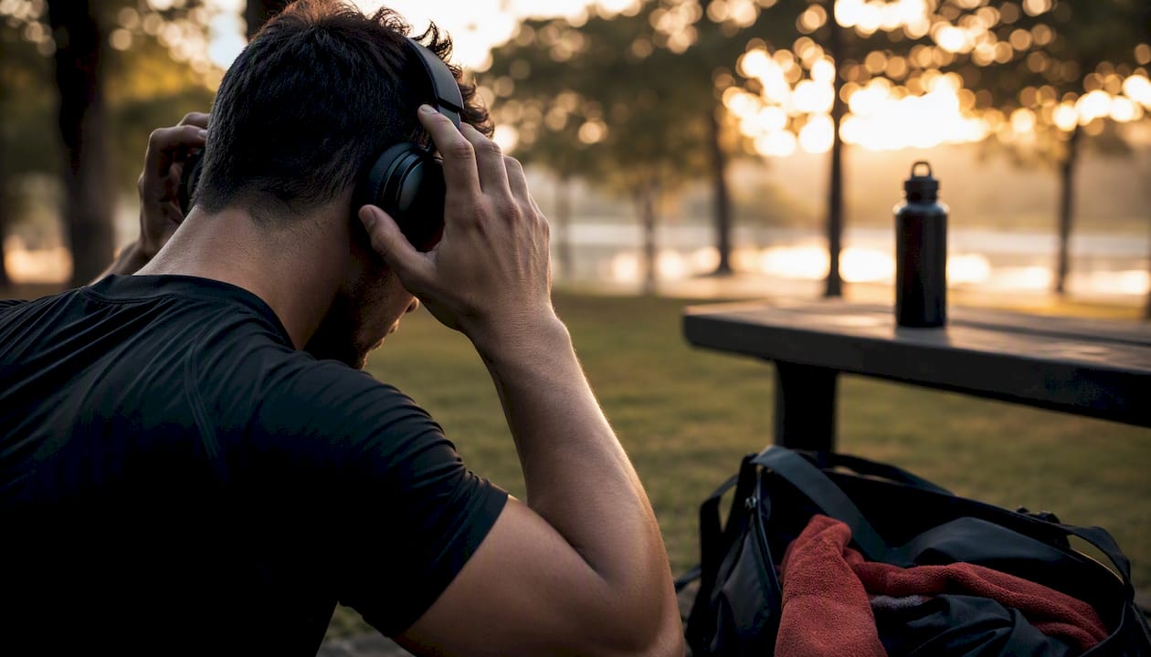 Athlete wearing headphones getting ready in locker room