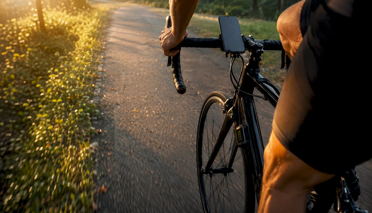 Cyclist pedaling in rhythm beside metronome