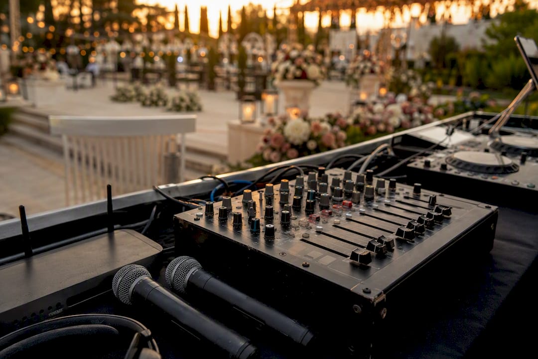 Wireless microphones and audio mixer close-up