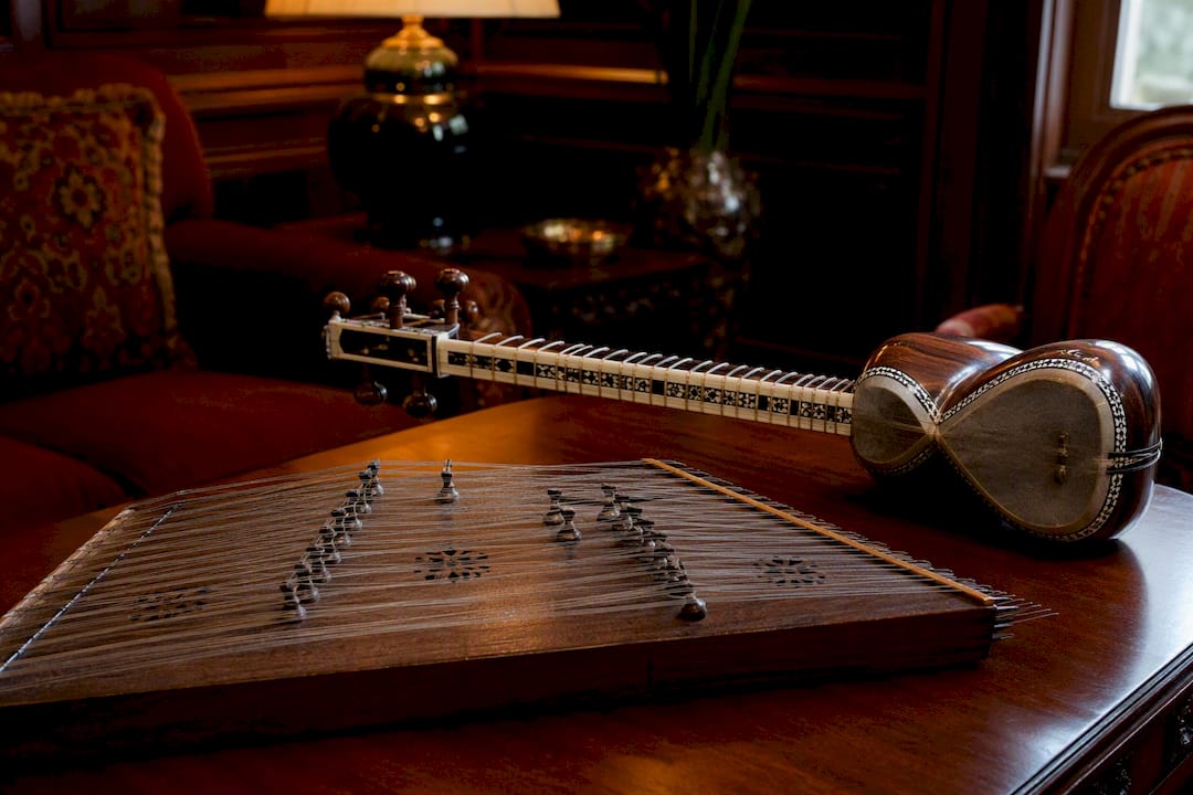 Close-up of santur and tar instruments