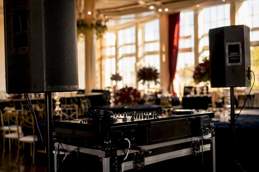 DJ audio and lighting equipment at wedding venue