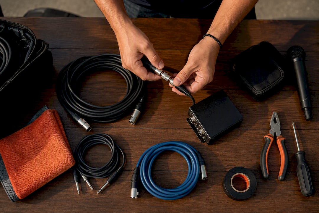 DJ backup cables microphone and audio tools