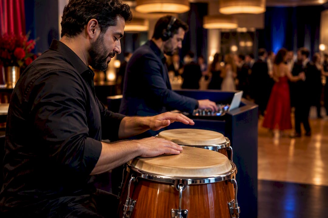 Percussionist playing congas beside wedding DJ