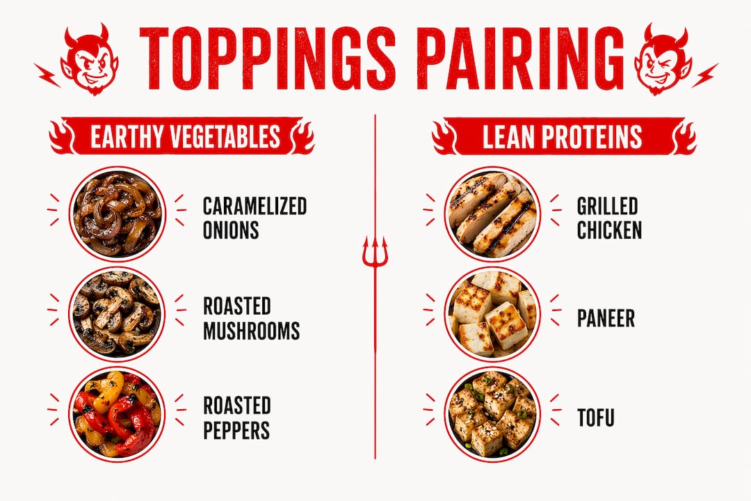 Infographic of vegetable and protein toppings for pizza