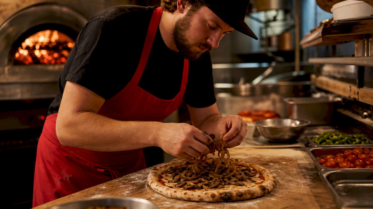 Chef adding caramelized onions and mushrooms on pizza