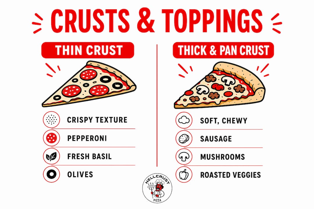 Infographic comparing pizza crust types and ideal toppings