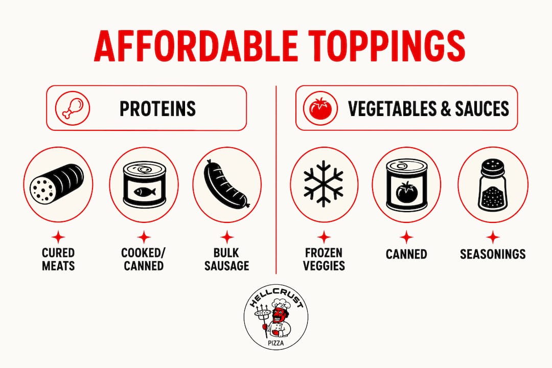 Infographic showing categories of affordable pizza toppings