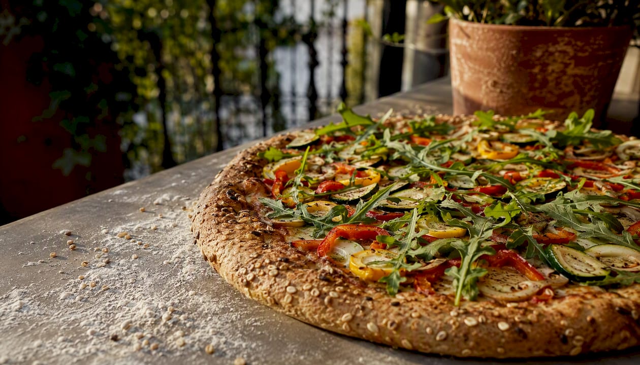 Fresh multigrain pizza with colorful toppings