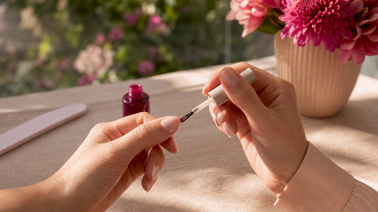 Detailopname van het zorgvuldig sealen van de nagelrand met een gelpenseel