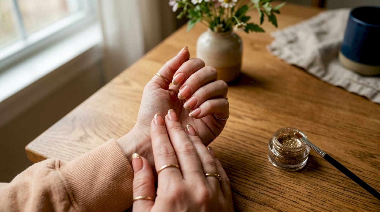 Een close-up van handen met een Franse manicure, afgewerkt met gouden glitters.
