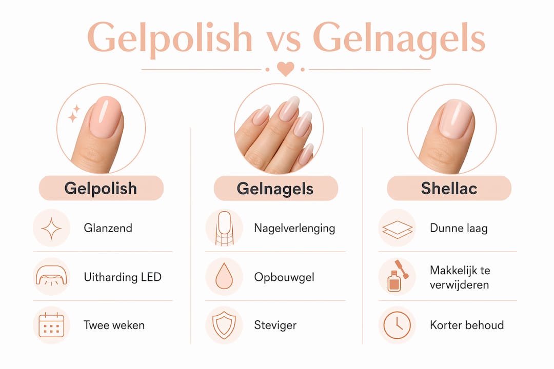 Overzicht: gelpolish, gelnagels en shellac vergeleken in één handige infographic