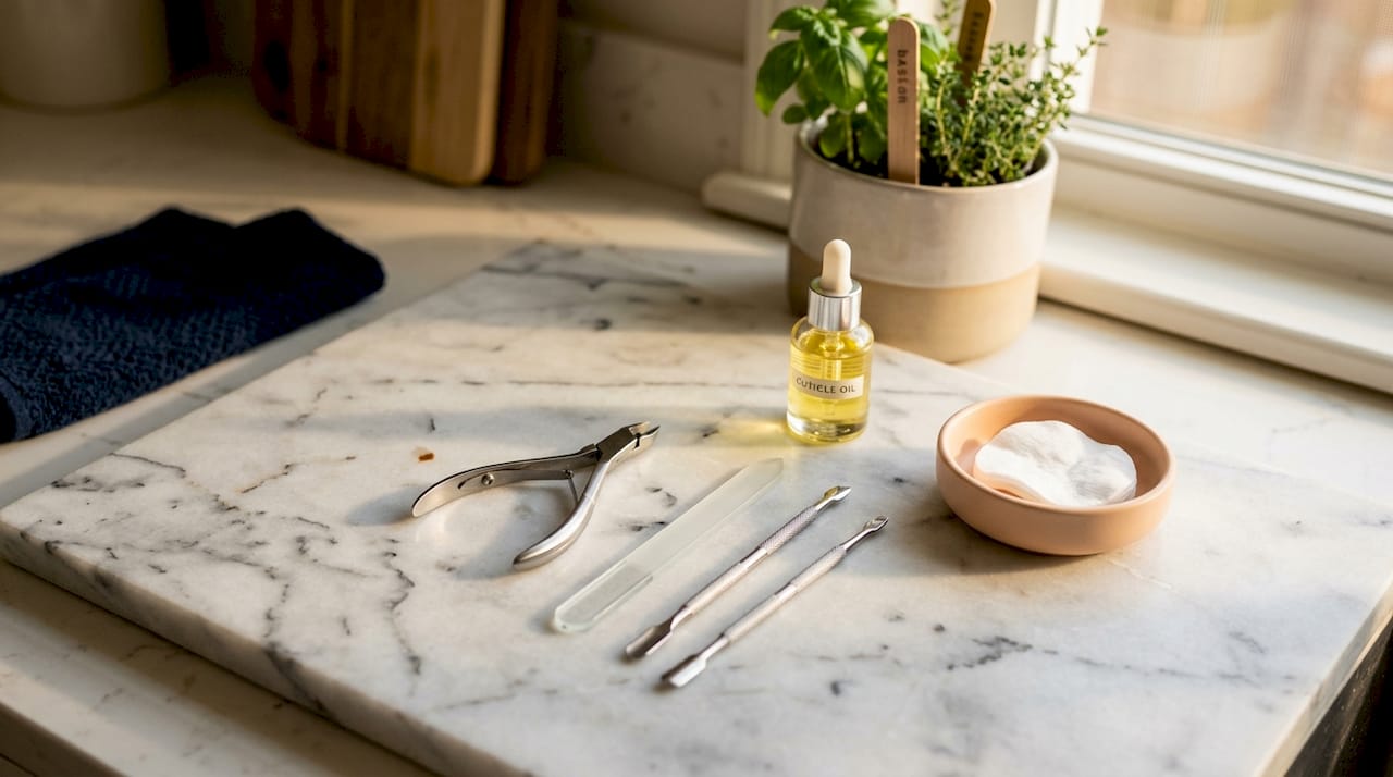 Professionele manicuretools mooi uitgestald op een houten ondergrond