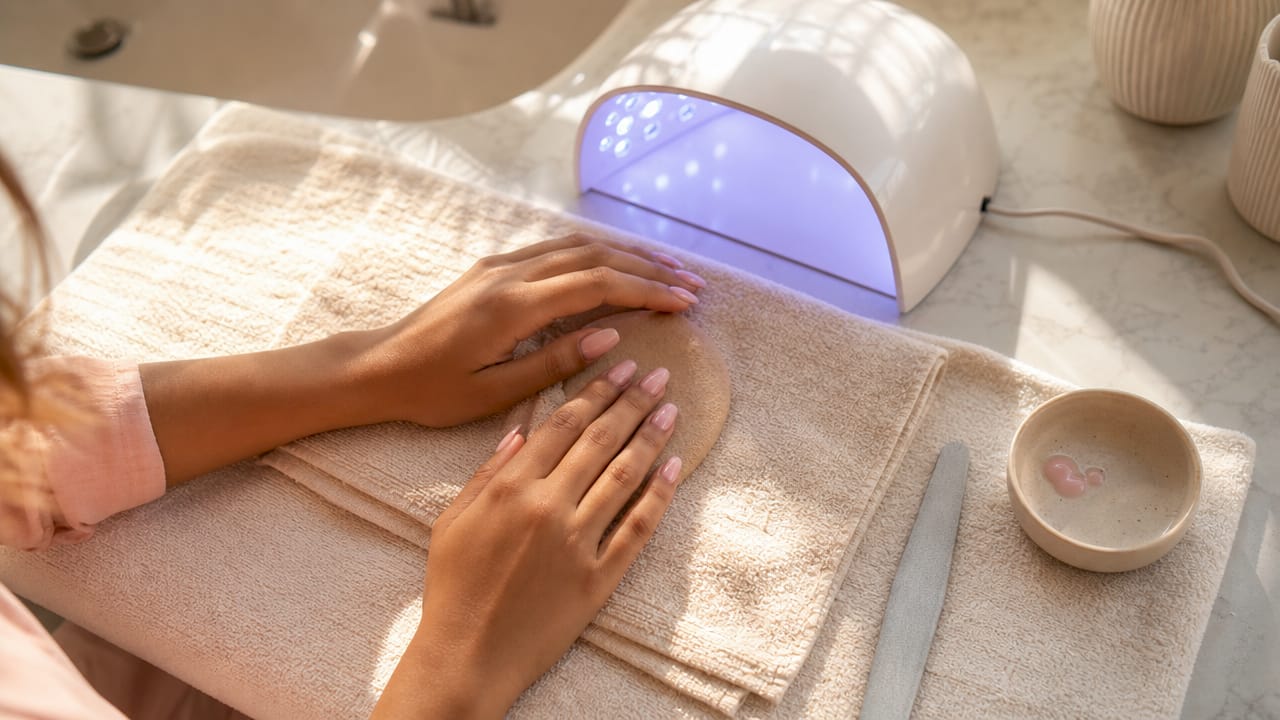 Detailfoto van gelnagels waarbij je goed de dikte ziet, samen met de gebruikte tools.