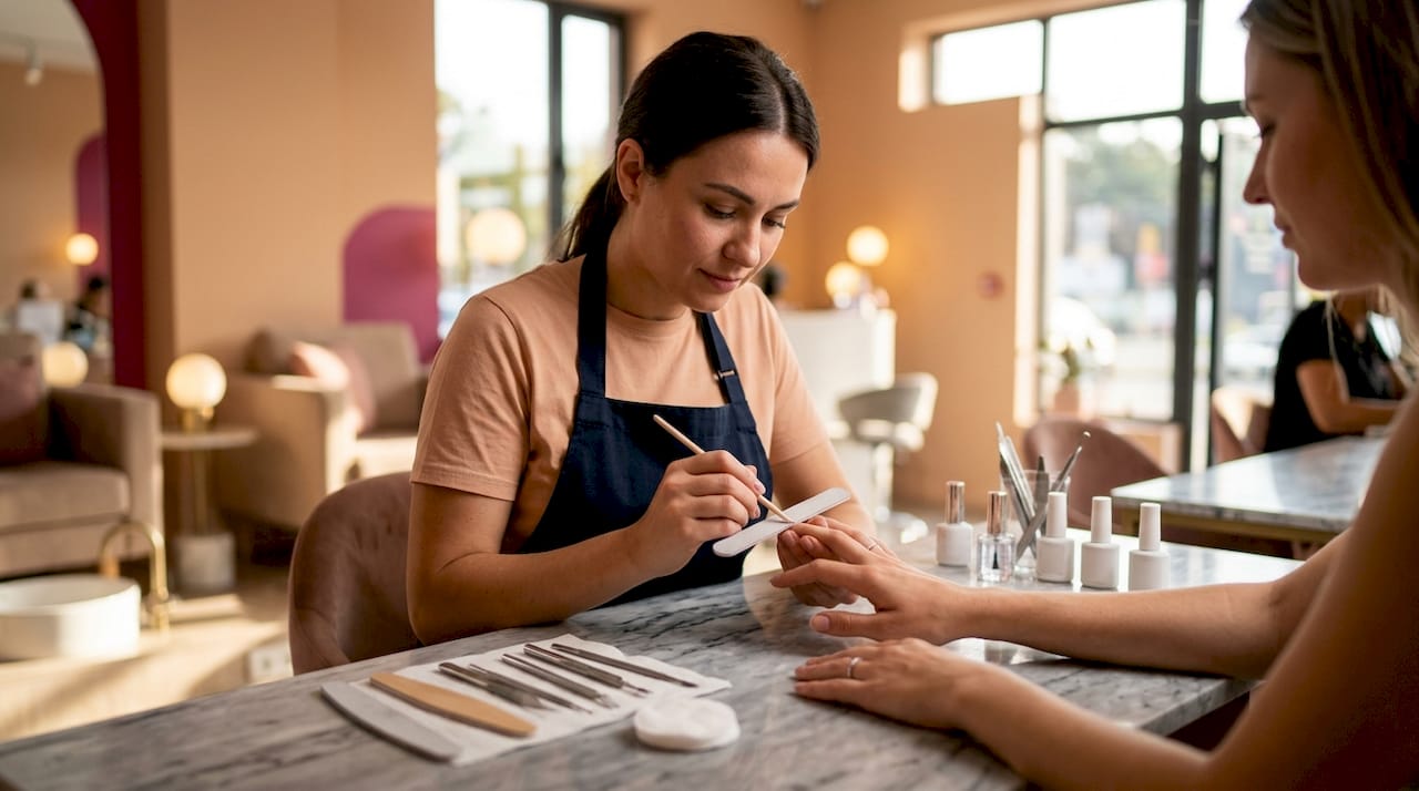 De nagels voorbereiden door te vijlen en de nagelriemen voorzichtig terug te duwen.