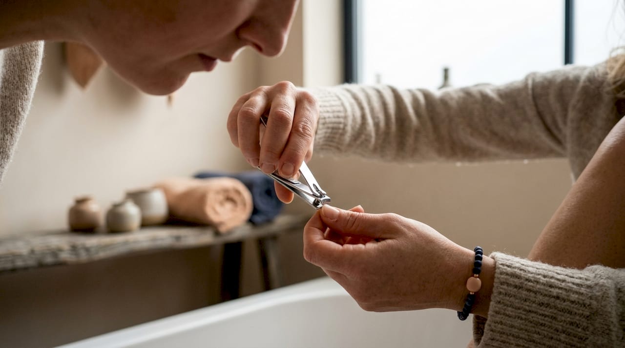 Detailopname van nagels die geknipt worden met een metalen nagelknipper.