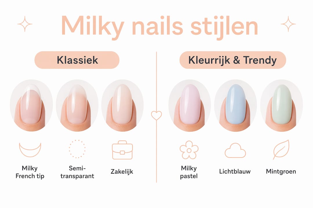 Overzichtelijke infographic waarin klassieke milky nails worden tegenovergesteld aan de nieuwste trends binnen deze populaire nagelstijl.