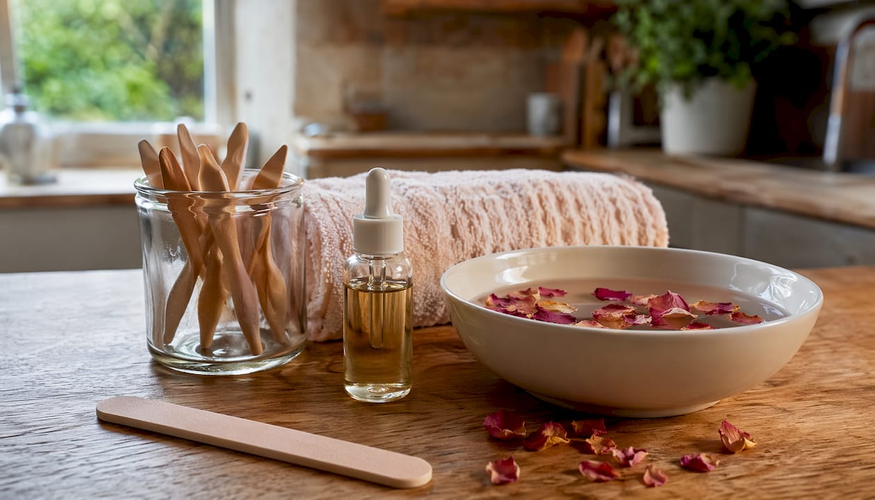 Overzicht van manicure essentials op een marmeren ondergrond