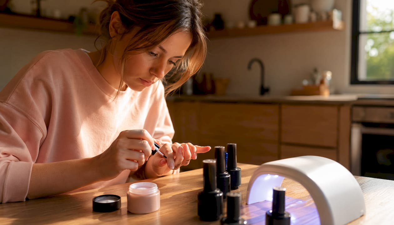 Een vrouw brengt een tweede laag gellak aan op haar nagels.