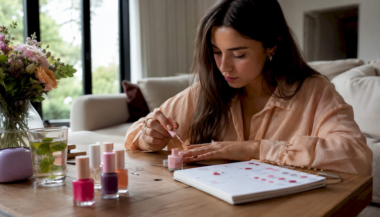 Een jonge vrouw die thuis haar nagels in een zachte, pastelgele kleur lakt.