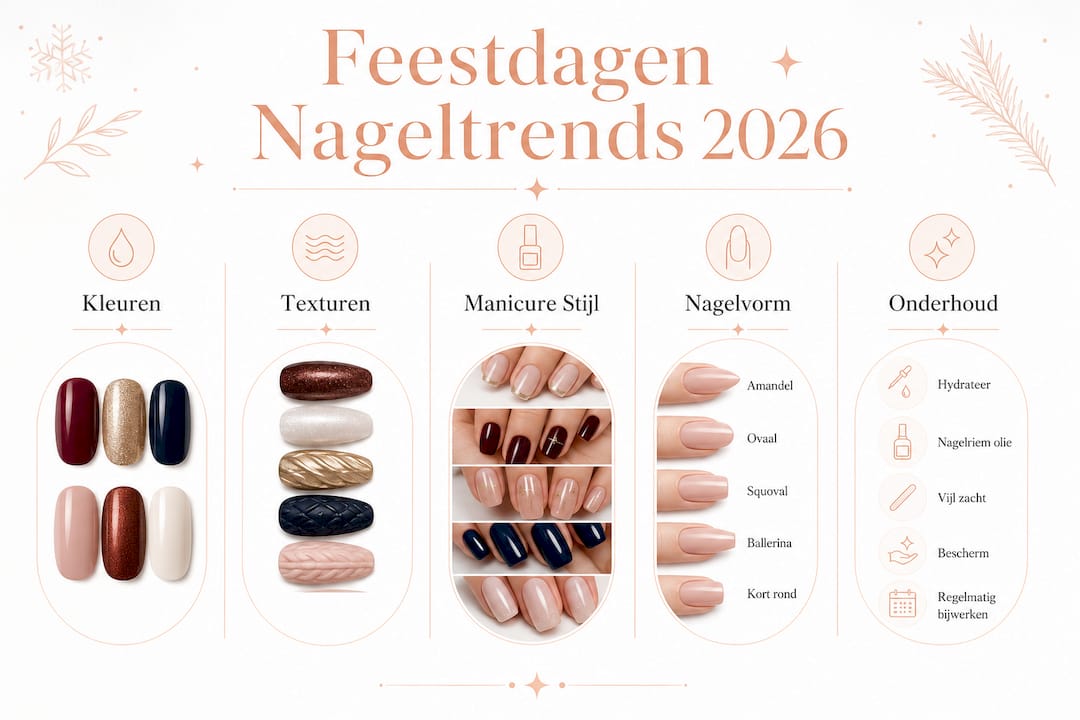 Een infographic met de leukste nageltrends voor de feestdagen van 2026 op een rij.