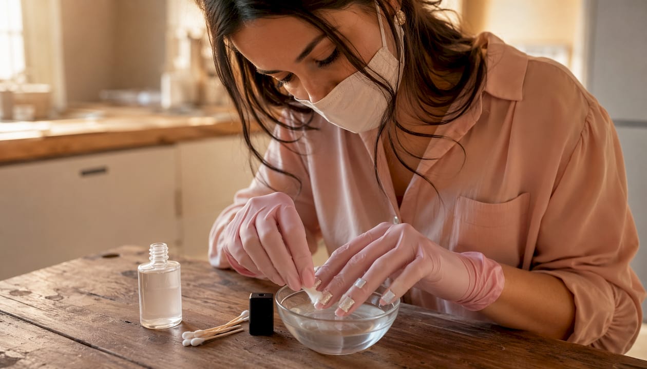 Een vrouw gaat zorgvuldig te werk met nagellak en aceton, zodat ze veilig blijft tijdens het verzorgen van haar nagels.