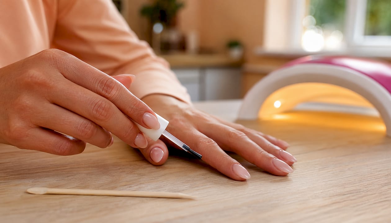 Een detailfoto van een gelnagel, met daarnaast een flesje aceton.