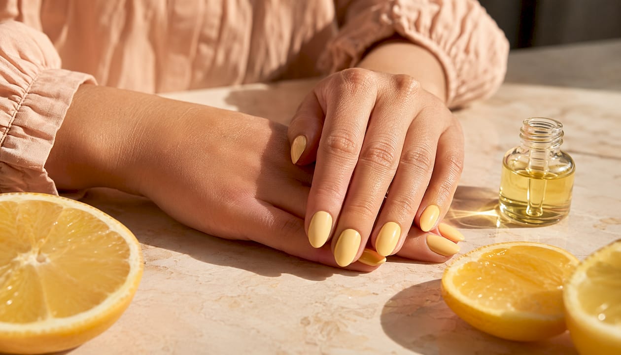 Een close-up van nagels in botergele tint met verfijnde bloemenaccenten